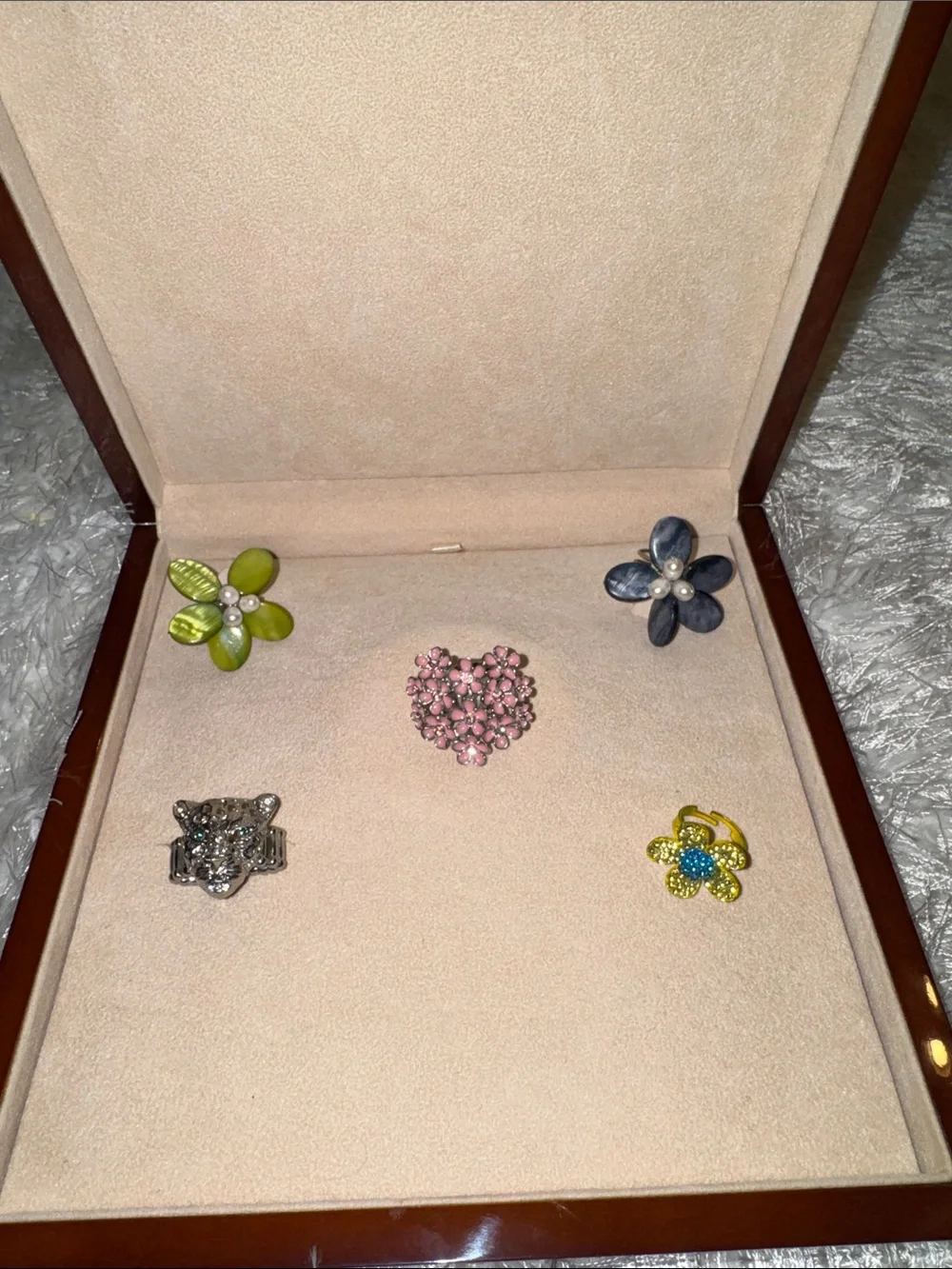 Set of Women's Floral Pink Heart, Lime, Yellow, Grey Floral, and Jaguar Rings